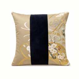 Japanese Silk & Velvet Cushion, Crane Bird Embroidered Pillow Cover 18x18, Asian Decor - thumbnail 1
