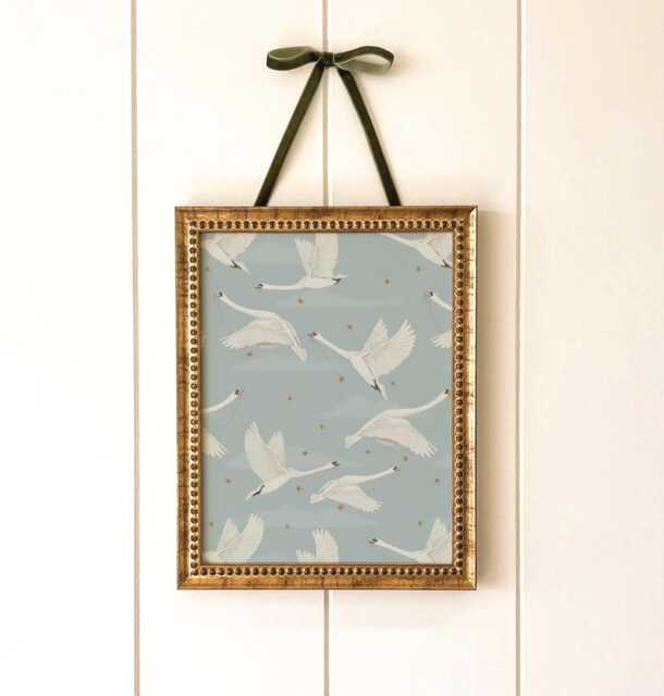Blue Swan Nursery Wall Art Flying Swans Vintage Style Baby Room Print - image 1