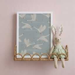 Blue Swan Nursery Wall Art Flying Swans Vintage Style Baby Room Print - thumbnail 2