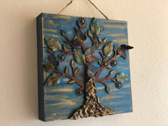 Rustic Wooden Wall Art - Hangable Artwork With Metallic Enchanted Tree & Butterfly Accents By The Arabesque?? - image 1