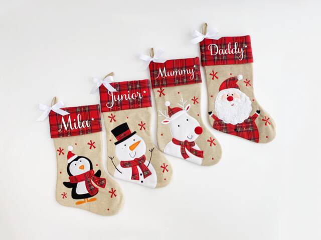 Personalized Christmas Stocking, Tartan & Burlap Stocking - image 1