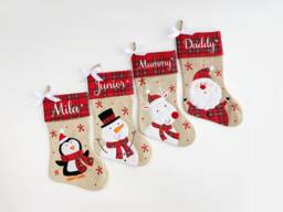 Personalized Christmas Stocking, Tartan & Burlap Stocking - thumbnail 1