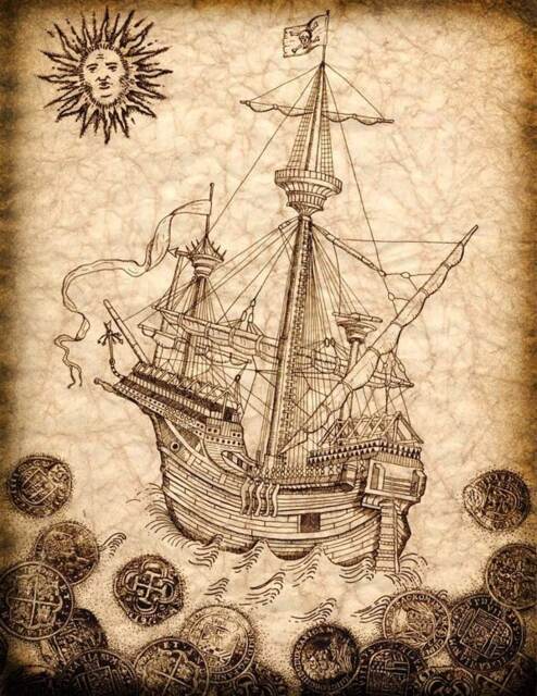Pirate Ship Art Print 11 X 14, Spanish Galleon With Treasure Coins Surrounding Sailing Away With Jolly Rogers Flying - image 1