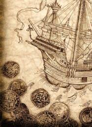 Pirate Ship Art Print 11 X 14, Spanish Galleon With Treasure Coins Surrounding Sailing Away With Jolly Rogers Flying - thumbnail 2
