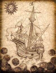 Pirate Ship Art Print 11 X 14, Spanish Galleon With Treasure Coins Surrounding Sailing Away With Jolly Rogers Flying - thumbnail 1