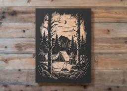 Camping Scene Engraved Birch Wood Panel - Outdoorsy Gift Rustic Home Wall Art, Cabin Decor Personalized Gift, Mountain Forest Illustration - thumbnail 1