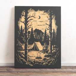 Camping Scene Engraved Birch Wood Panel - Outdoorsy Gift Rustic Home Wall Art, Cabin Decor Personalized Gift, Mountain Forest Illustration - thumbnail 2