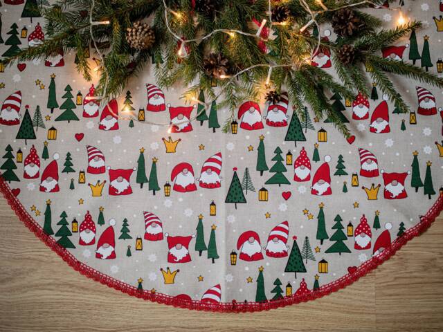 Christmas Tree Skirt With Dwarfs, Linen Skirt, Swedish Rustic Xmas Skirts, Accent Decor - image 1