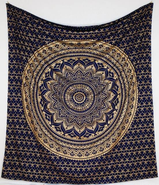 Tapestry Ombre Mandala Blue Gold Indian Wall Hanging, Boho Walldecor Handmade From 100% Cotton, Vegan, Fair Trade in India - image 1