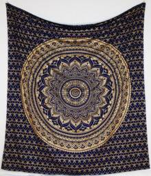 Tapestry Ombre Mandala Blue Gold Indian Wall Hanging, Boho Walldecor Handmade From 100% Cotton, Vegan, Fair Trade in India - thumbnail 1