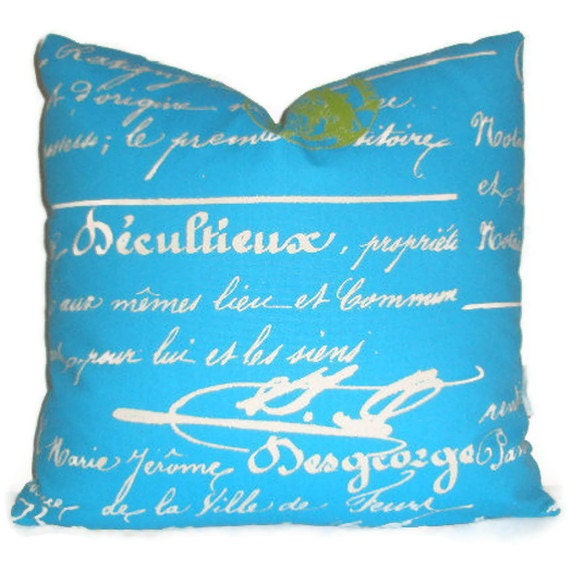 French Script Turquoise Decorative Pillow Cover. 20 - image 1