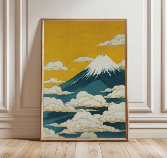 Mount Fuji Poster, Teal & Gold Japanese Art Print, Vertical Mountain Wall - image 1