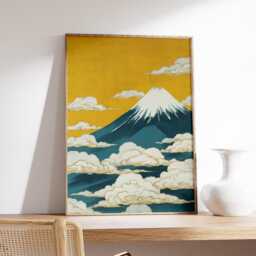 Mount Fuji Poster, Teal & Gold Japanese Art Print, Vertical Mountain Wall - thumbnail 2