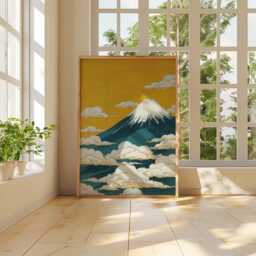 Mount Fuji Poster, Teal & Gold Japanese Art Print, Vertical Mountain Wall - thumbnail 4