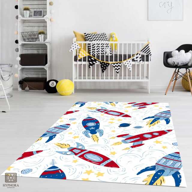Kids Gift Rocket Ship Area Rug Space Nursery Decor, Boys Room Washable Mat - image 1