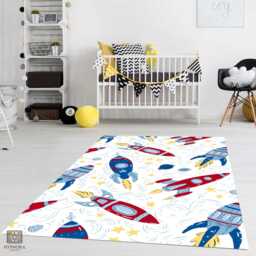 Kids Gift Rocket Ship Area Rug Space Nursery Decor, Boys Room Washable Mat