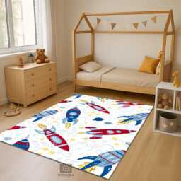 Kids Gift Rocket Ship Area Rug Space Nursery Decor, Boys Room Washable Mat - thumbnail 2