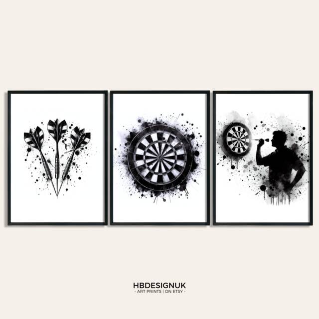 Darts Fan Gift - Set Of 3 Posters - Print Black Watercolour For Dad Game Room Prints Man Cave Wall Art - image 1