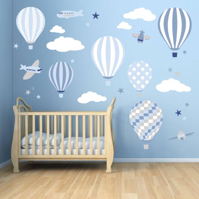 Hot Air Balloon Wall Decals Blue & Grey Nursery Decor - image 1