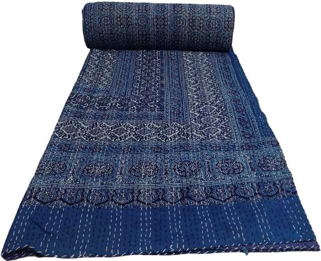 Handmade Ajrak Kantha Quilt Bohemian Indian Cotton Bedspread, Twin Size - image 1