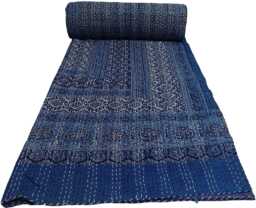 Handmade Ajrak Kantha Quilt Bohemian Indian Cotton Bedspread, Twin Size - thumbnail 1