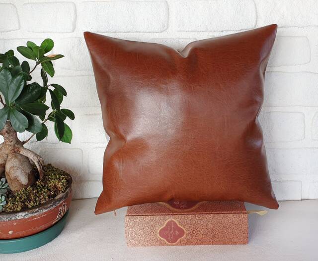 Cognac Brown Faux Leather Pillow Cover Modern Scandinavian Decor - image 1