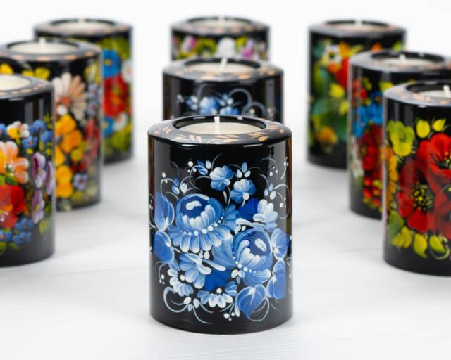 Ukrainian Hand Painted Tea Light Candle Holder, Christmas Tealight Candlestick Petrykivka Gift Ukraine Seller, S022 - image 1