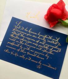 Gold Calligraphy On Navy Blue Cardstock - Custom Letter, Poem - thumbnail 1