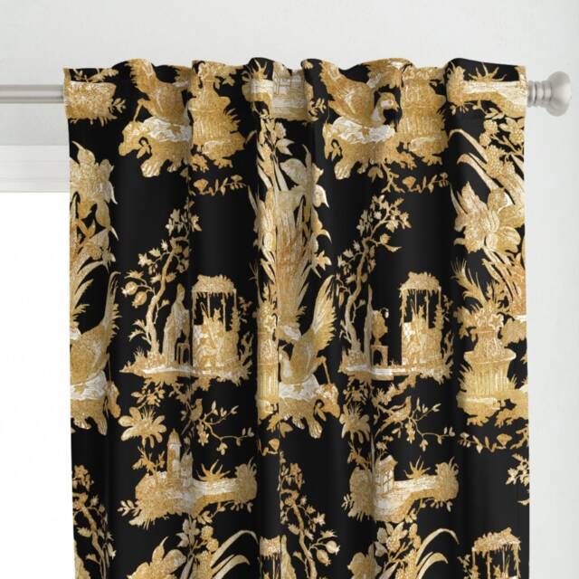 Faux Gold Curtain Panel - Toile Victorian Chinoiserie Custom On Black By Peacoquettedesigns - image 1