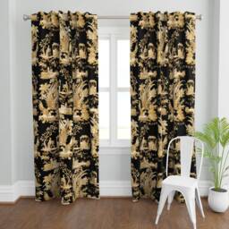 Faux Gold Curtain Panel - Toile Victorian Chinoiserie Custom On Black By Peacoquettedesigns - thumbnail 2
