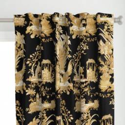 Faux Gold Curtain Panel - Toile Victorian Chinoiserie Custom On Black By Peacoquettedesigns