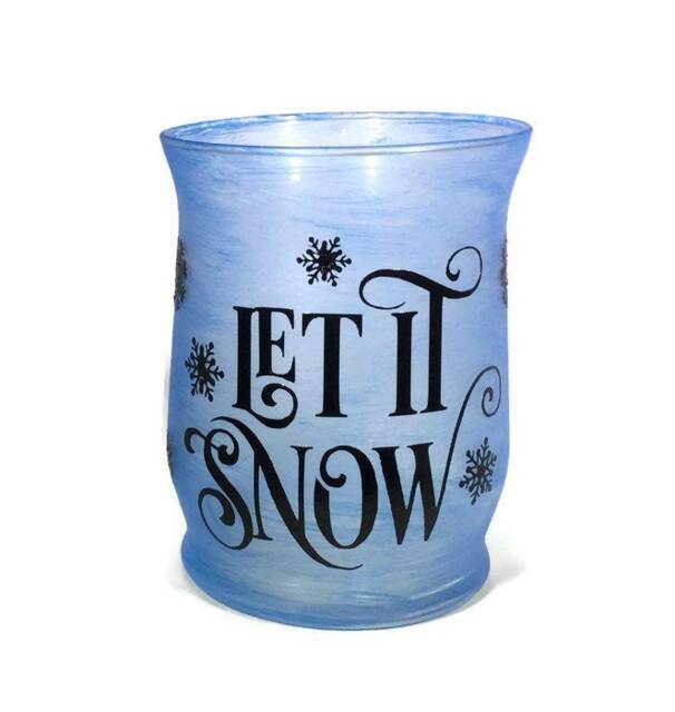 Let It Snow Blue Frosted Glass Candle Holder - image 1