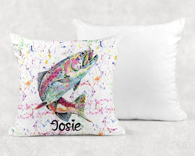 Personalised Watercolour Rainbow Trout Fish Cushion, Cuddle Pillow, Birthday Gift - image 1