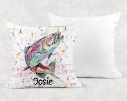 Personalised Watercolour Rainbow Trout Fish Cushion, Cuddle Pillow, Birthday Gift - thumbnail 1