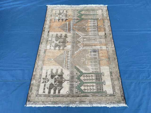 Handmade Pictorial Rug 3x5, Afghan Landscape, Unique Baluch Folk Art Wool Tapestry, Brown Blue Entryway Rug, Small Accent Wall Decor - image 1