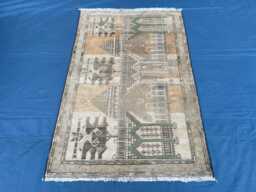 Handmade Pictorial Rug 3x5, Afghan Landscape, Unique Baluch Folk Art Wool Tapestry, Brown Blue Entryway Rug, Small Accent Wall Decor - thumbnail 1
