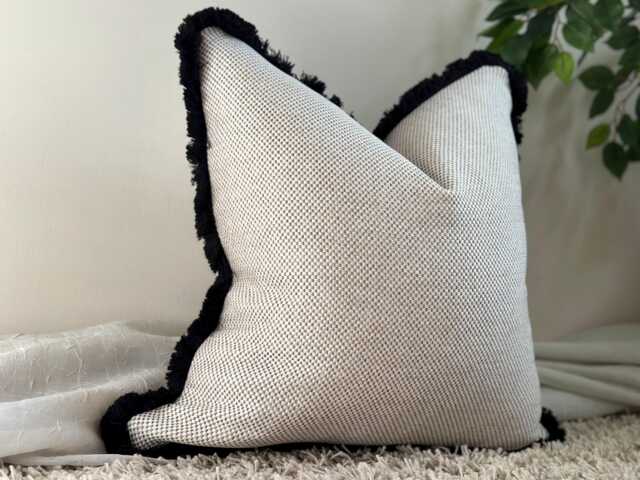 Luxury Cream Beige Cushion Cover With Black Fringe Trim - Modern Neutral Textured Pillow Farmhouse Decor More Size & Trims Athena - image 1