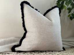 Luxury Cream Beige Cushion With Black Fringe Trim - Modern Neutral Textured Throw Pillow Farmhouse Home Decor More Size & Trims Athena
