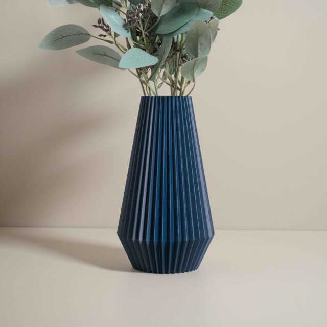 Navy Blue Ridged Vase - Modern Textured Home Decor - Shelf Table Media Wall Ornament - image 1