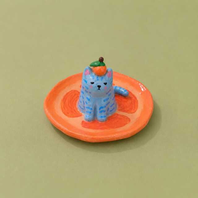 Cat Ring Dish, Orange Trinket Cute Jewelry Holder, Handmade Ceramic Sour Puss - image 1
