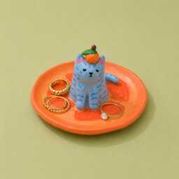 Cat Ring Dish, Orange Trinket Cute Jewelry Holder, Handmade Ceramic Sour Puss - thumbnail 3