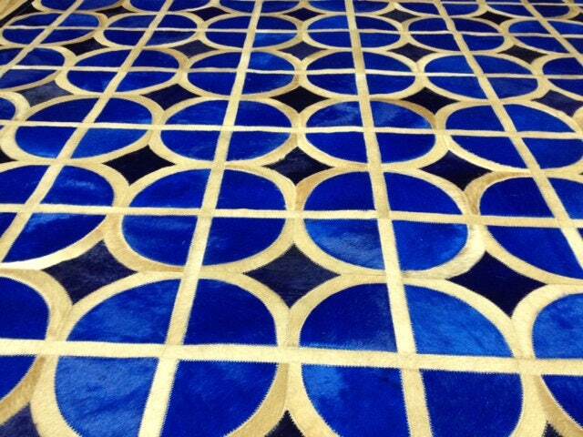 Cowhide Patchwork Rug Raw Leather Argentina - Free Shipping Dyed Light Blue, Dark Blue & Caramel 6' X 8' - image 1