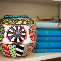 Vase - Suzani With Vine Made To Order Handcarved Stoneware Ceramic & Mosaic - thumbnail 2