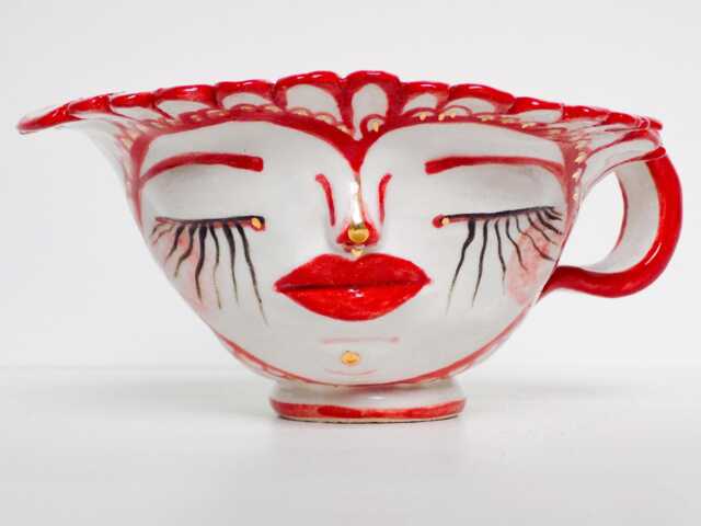 Handmade Flower Petal Stoneware Face Planter, Red Lip Teacup Trinket Dish - image 1