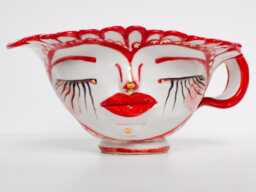 Handmade Flower Petal Stoneware Face Planter, Red Lip Teacup Trinket Dish - thumbnail 1