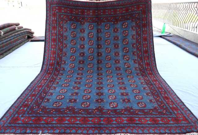 5x8 Bokhara Rug, Afghan Hand Knotted Wool Teal Blue Red, Turkmen Tribal Oriental Area Traditional Kitchen, Bedroom Rug - image 1