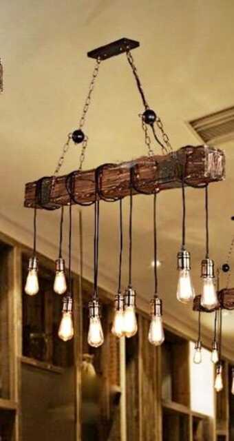 Rustic Handmade Wooden Beam Ceiling Light With Edison Bulb Pendants in Nickel Waxed Mid Oak, Kitchen, Barn Country House - image 1