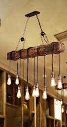 Rustic Handmade Wooden Beam Ceiling Light With Edison Bulb Pendants in Nickel Waxed Mid Oak, Kitchen, Barn Country House - thumbnail 1