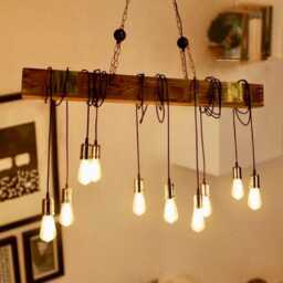 Rustic Handmade Wooden Beam Ceiling Light With Edison Bulb Pendants in Nickel Waxed Mid Oak, Kitchen, Barn Country House - thumbnail 3