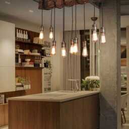Rustic Handmade Wooden Beam Ceiling Light With Edison Bulb Pendants in Nickel Waxed Mid Oak, Kitchen, Barn Country House - thumbnail 2